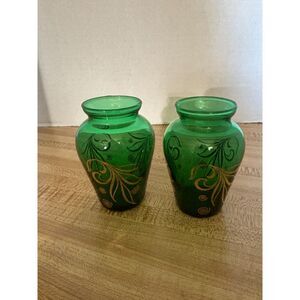 Pair of Vintage 3 3/4" Emerald Green Bud Vases with Gold Leaves and Spirals